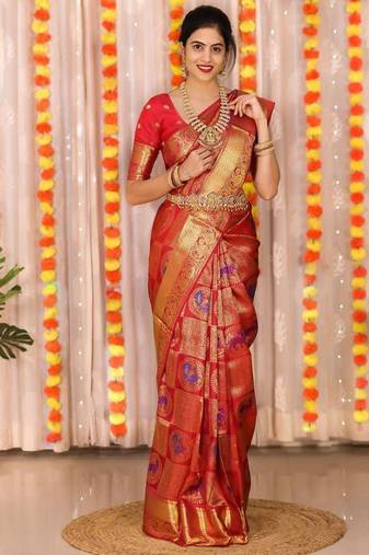 Red  silk blend jacuard work festival saree with unstitched blouse piece