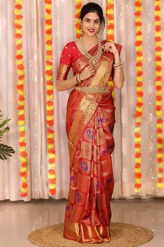 Red  silk blend jacuard work festival saree with unstitched blouse piece