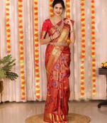 Red  silk blend jacuard work festival saree with unstitched blouse piece