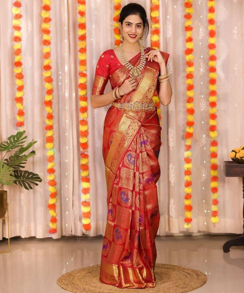 Red  silk blend jacuard work festival saree with unstitched blouse piece