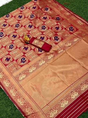 Red  silk blend jacuard work festival saree with unstitched blouse piece 5