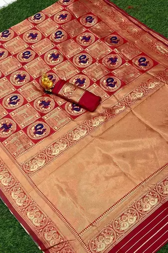 Red  silk blend jacuard work festival saree with unstitched blouse piece