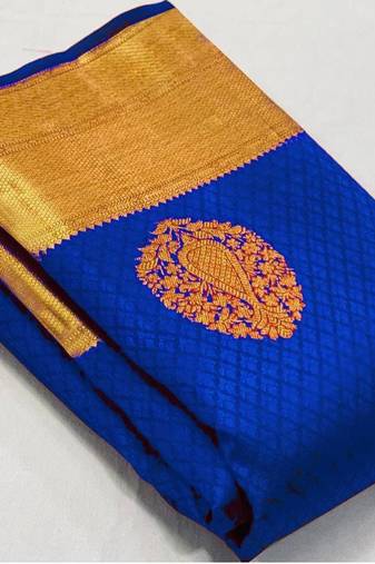 Blue  silk blend jacuard work festival saree with unstitched blouse piece