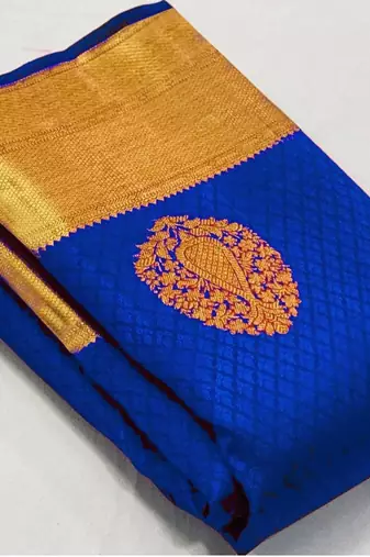 Blue  silk blend jacuard work festival saree with unstitched blouse piece
