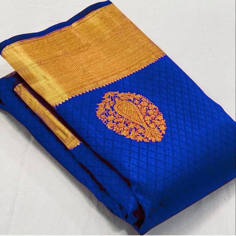 Blue  silk blend jacuard work festival saree with unstitched blouse piece