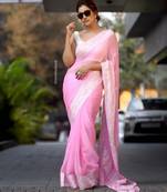 Baby pink linen jacuard work festival saree with unstitched blouse piece