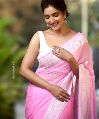 Baby pink linen jacuard work festival saree with unstitched blouse piece 2