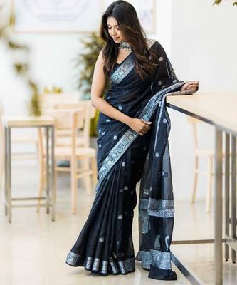 Black linen jacuard work festival saree with unstitched blouse piece 1