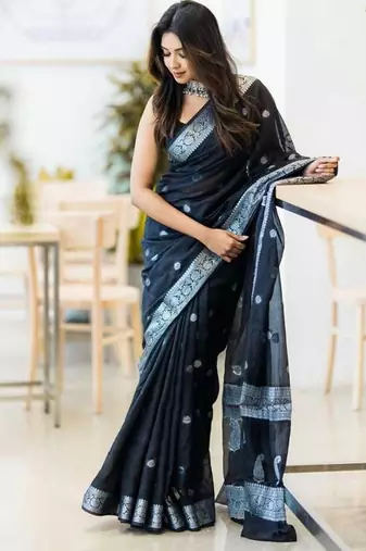 Black linen jacuard work festival saree with unstitched blouse piece
