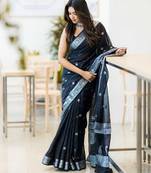Black linen jacuard work festival saree with unstitched blouse piece
