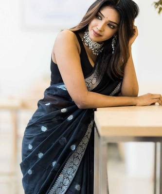 Black linen jacuard work festival saree with unstitched blouse piece 2