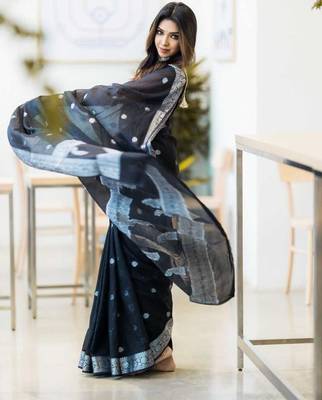 Black linen jacuard work festival saree with unstitched blouse piece 3