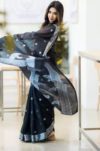 Black linen jacuard work festival saree with unstitched blouse piece
