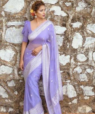 Lavender linen jacuard work festival saree with unstitched blouse piece 1
