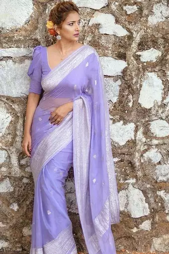 Lavender linen jacuard work festival saree with unstitched blouse piece