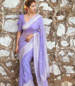 Lavender linen jacuard work festival saree with unstitched blouse piece