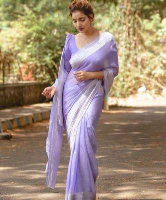 Lavender linen jacuard work festival saree with unstitched blouse piece 2
