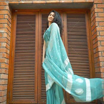 Rama  linen jacuard work festival saree with unstitched blouse piece 3
