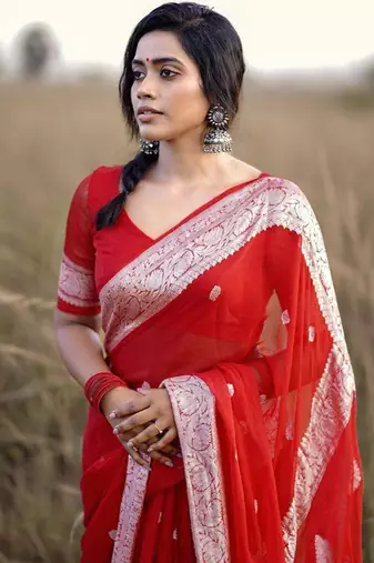 Red linen jacuard work festival saree with unstitched blouse piece