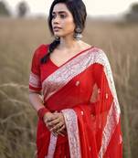 Red linen jacuard work festival saree with unstitched blouse piece