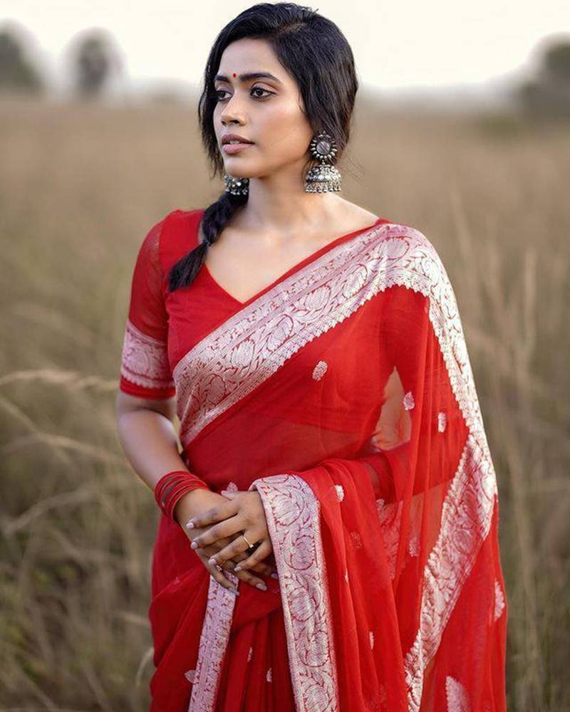 Red linen jacuard work festival saree with unstitched blouse piece