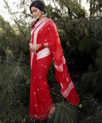 Red linen jacuard work festival saree with unstitched blouse piece 2