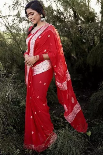 Red linen jacuard work festival saree with unstitched blouse piece