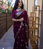 Wine linen jacuard work festival saree with unstitched blouse piece