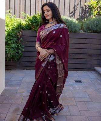 Wine linen jacuard work festival saree with unstitched blouse piece 2