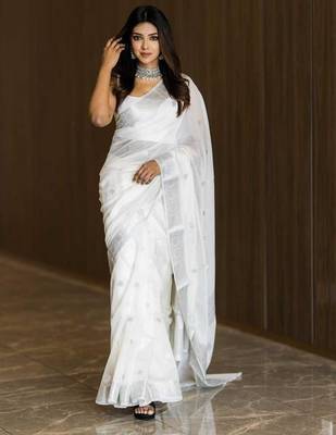 White linen jacuard work festival saree with unstitched blouse piece 1
