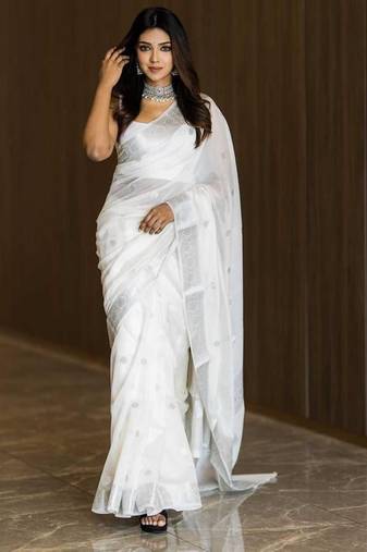 White linen jacuard work festival saree with unstitched blouse piece