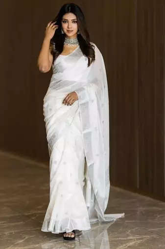 White linen jacuard work festival saree with unstitched blouse piece