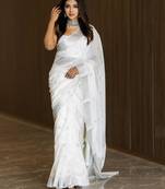 White linen jacuard work festival saree with unstitched blouse piece