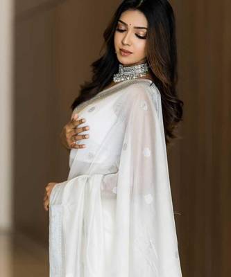 White linen jacuard work festival saree with unstitched blouse piece 2