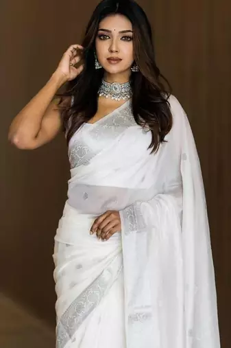 White linen jacuard work festival saree with unstitched blouse piece