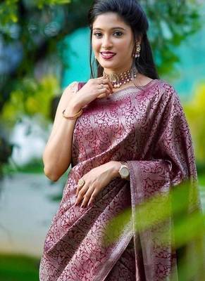 Maroon  silk blend jacuard work festival saree with unstitched blouse piece 1