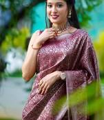 Maroon  silk blend jacuard work festival saree with unstitched blouse piece