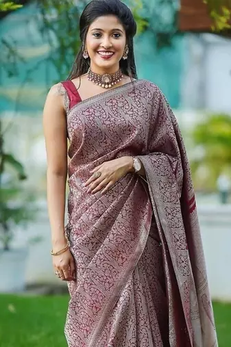 Maroon  silk blend jacuard work festival saree with unstitched blouse piece