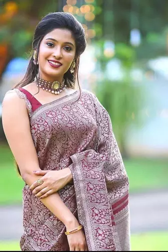 Maroon  silk blend jacuard work festival saree with unstitched blouse piece