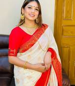 White red  silk blend jacuard work festival saree with unstitched blouse piece