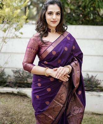 Purple silk blend jacuard work festival saree with unstitched blouse piece 1