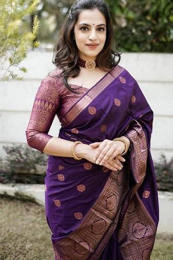 Purple silk blend jacuard work festival saree with unstitched blouse piece