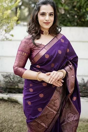 Purple silk blend jacuard work festival saree with unstitched blouse piece