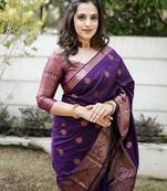Purple silk blend jacuard work festival saree with unstitched blouse piece