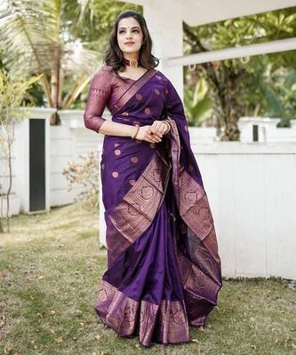 Purple silk blend jacuard work festival saree with unstitched blouse piece 2