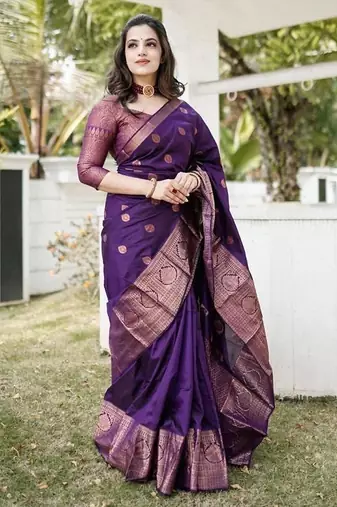Purple silk blend jacuard work festival saree with unstitched blouse piece