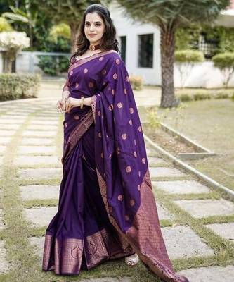 Purple silk blend jacuard work festival saree with unstitched blouse piece 4