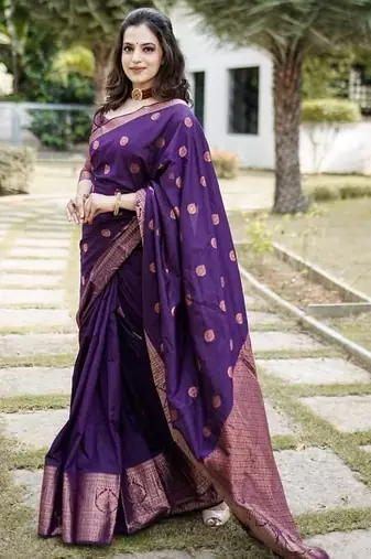 Purple silk blend jacuard work festival saree with unstitched blouse piece