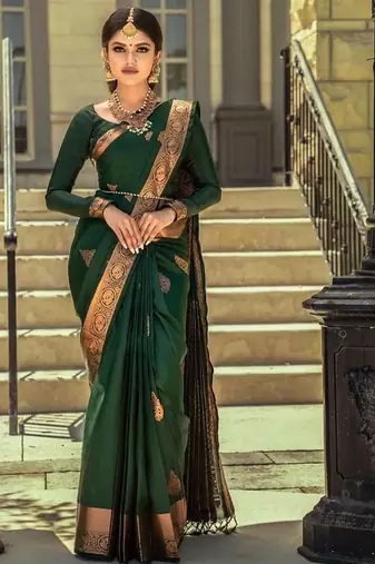 Green silk blend jacuard work festival saree with unstitched blouse piece