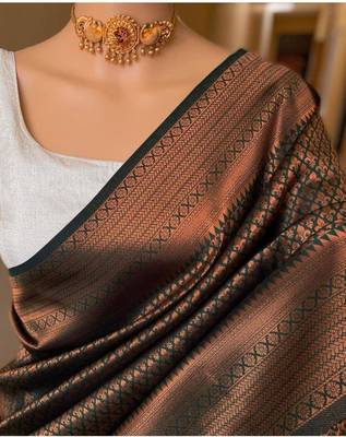 Black silk blend jacuard work festival saree with unstitched blouse piece 1